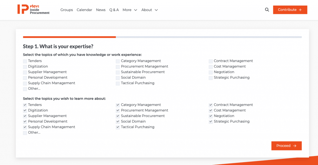 Screenshot of "Step 1", with selection field to fill in 'What is your expertise?'